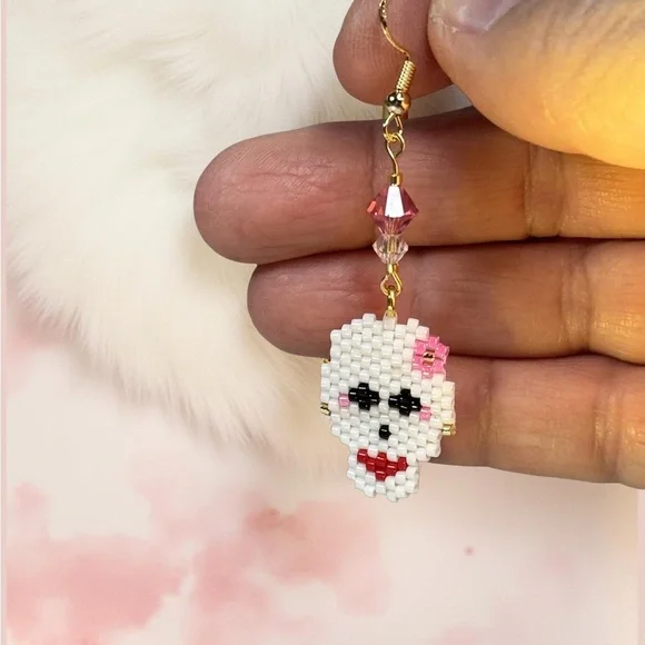 Beaded Whimsical Skull Earrings with Pink Accents - Gold Plated - Hand Crafted - Picture 3 of 6